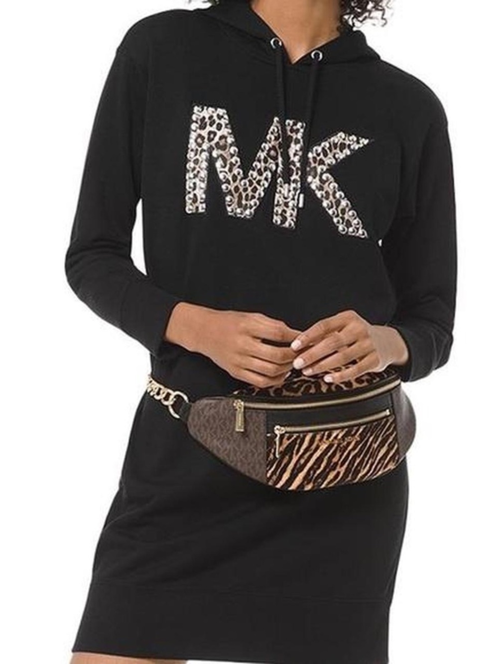 Michael Kors Black Hoodie Sweatshirt Dress Gold Leopard MK Logo Size Large